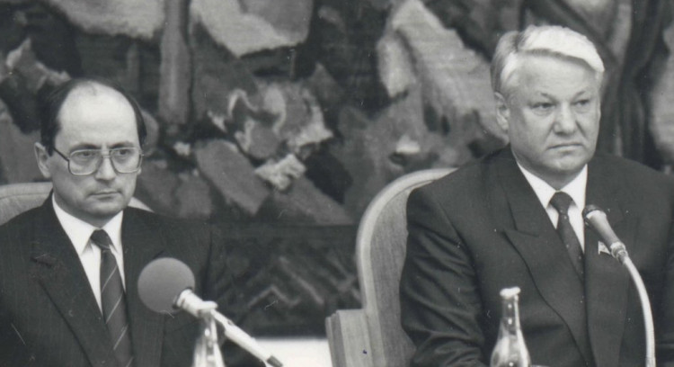 Bývalý predseda vlády SR Ján Čarnogurský s bývalým predsedom Najvyššieho sovietu RSFSR Borisom Jeľcinom v Bratislave 14. mája 1991